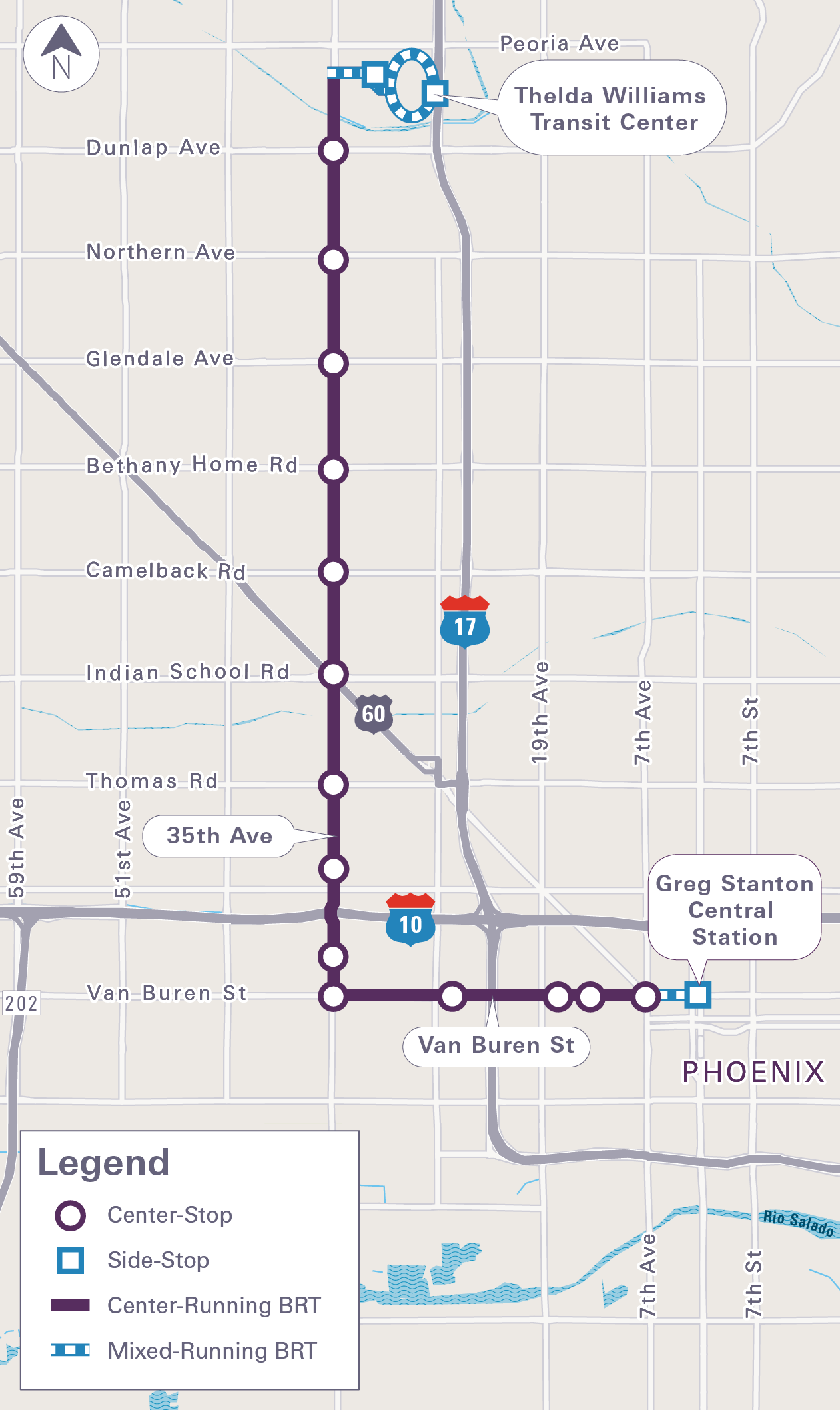 Map of the 35th Avenue/Van Buren Street BRT corridor with proposed stations, from Thelda Williams Transit Center south to Van Buren Street and east to Central Avenue